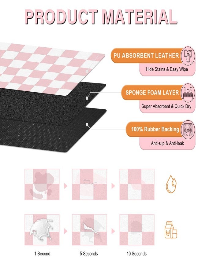 BLESWIN Cat Food Mat - 12"x 20" Cat Dog Mats for Food and Water Bowl, Checkered Pet Placemat Feeding Mat, Non-Slip Under Pet Bowls Mats for Messy Drinkers, Pink & White - Image 2
